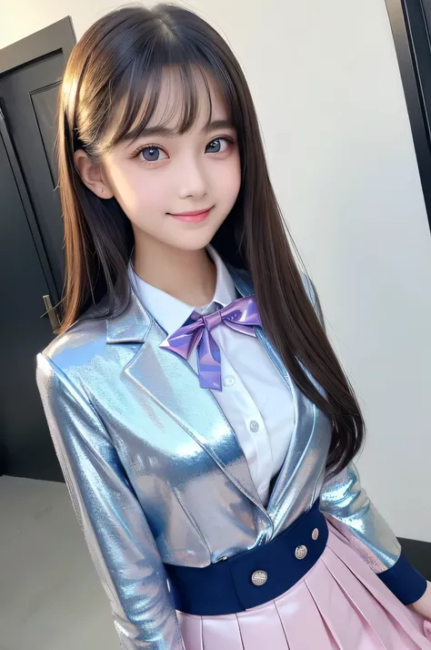 (Very beautiful  cute girl), (very  cute face:1.2),15 yo, (sparking crystal clear attractive large eyes), best looks, Beautiful detailed eyes, Detailed double eyelids, (smiling), (realistic photograph:1.2), long straight hair, (super shiny metallic dark bl...