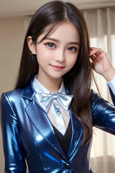 (Very beautiful  cute girl), (very  cute face:1.2),15 yo, (sparking crystal clear attractive large eyes), best looks, Beautiful detailed eyes, Detailed double eyelids, (smiling), (realistic photograph:1.2), long straight hair, (super shiny metallic dark bl...