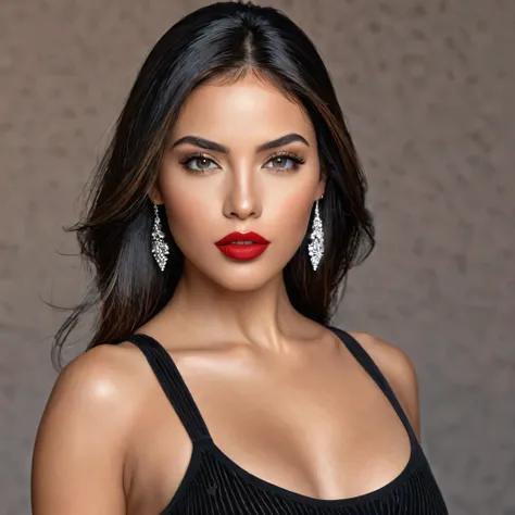 A photoreal close up of a stunning 28-year-old Latina model looking front, straight black hair, and striking [grey eyes]. Facing straight to the camera. Her beautiful lips with red lipstick accentuate her wheatish skin with light brown tone highlights. Dre...