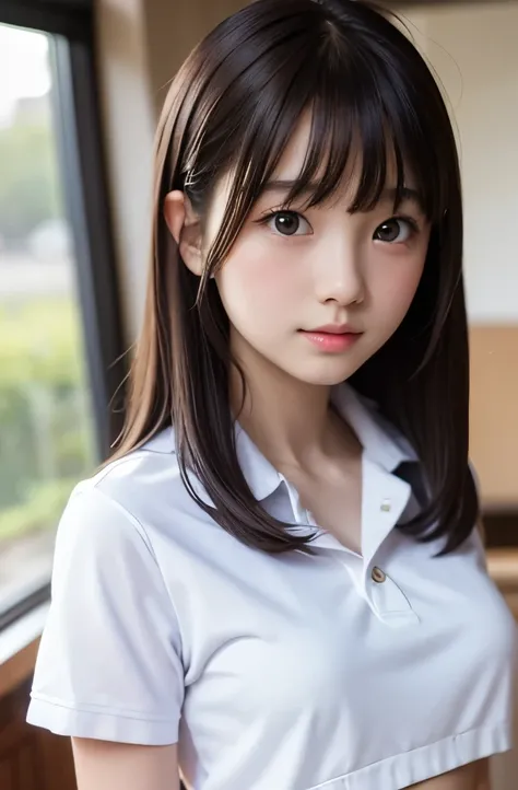 Highest quality,8K,High definition photos、Professional Lighting,Young girl,With bangs,School Clothes,navel