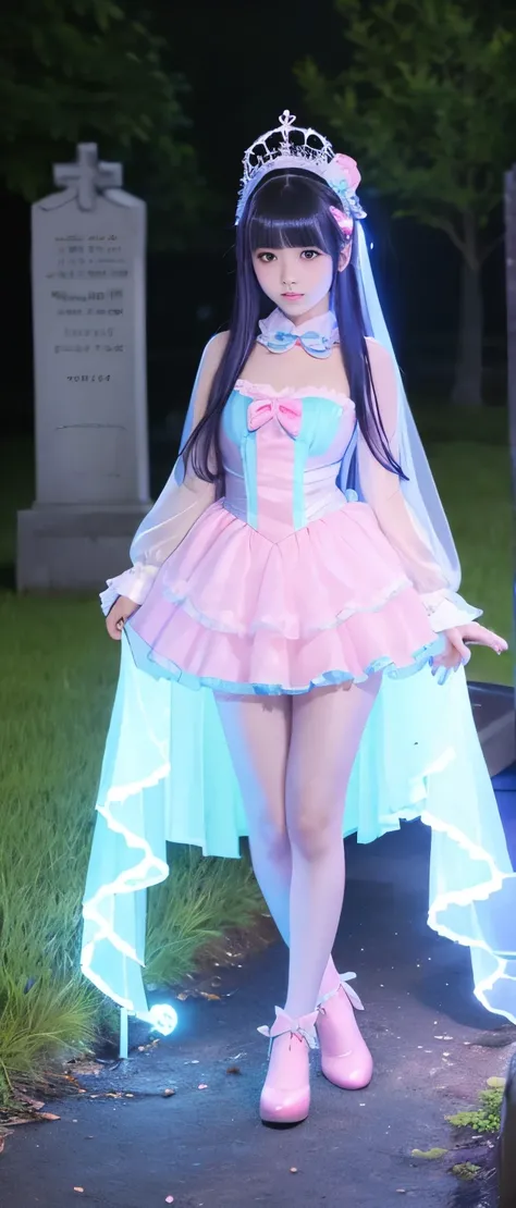 A cute and fairytale-like idol girl、whole body、Good style、、、、、、、、、、Thick legs、、Fluorescent blue and pink ghost costume、Neat and clean idol face、A fairytale cemetery（Glowing）