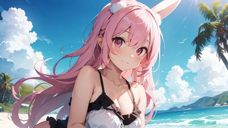 Highest quality, pretty girl, pastel colour, Fluffy bunny ears, Pink Hair,Pale pink eyes、SummerBeachBeachEnergeticBrightCheerfulFunVibrantResortRefreshingNatureSoundSoundSunshineSandHolidayVacationOceanVacationSurfingBeach Party