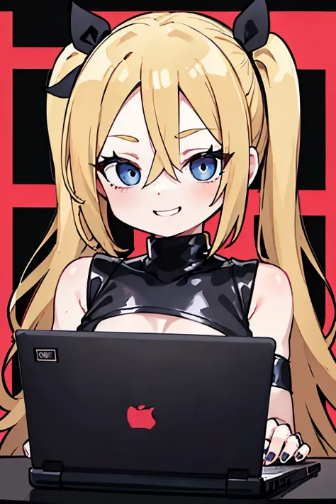 blonde girl with pigtails, wearing a black latex, black tank top, blue eyes, working on a laptop, sharp nails, rings on hand, simple background, smiling, red eye makeup, short pigtails, tight clothes, latex clothes, no bangs, no fringe, forehead, happy, la...