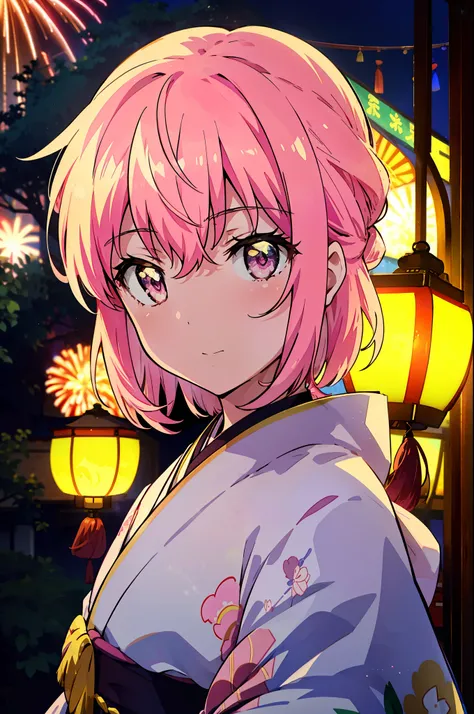 Louise Françoise Le Brun from La V全てiere,Pink Hair,Pink Eyes,White Kimono,Thick sleeves,日本のfestival,夏festivalの屋台,Red Lantern,night,night空のfirework,firework,場所はfirework大会,時間はnightです,sunny day,turn around,It&#39;s as if your whole body is in the illustration...