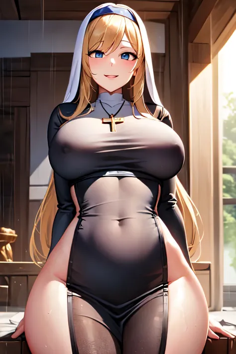 Highest quality, masterpiece, One girl, (alone:1.1), Ray Tracing, Super detailed,Detailed face, 8k 壁paper, Wide Hips, smile, Nuns, One girl, Blonde, Big Breasts, Long Hair,(Black Dress) Monastic clothes, blue eyes, necklace,, soaked、rain、see-through