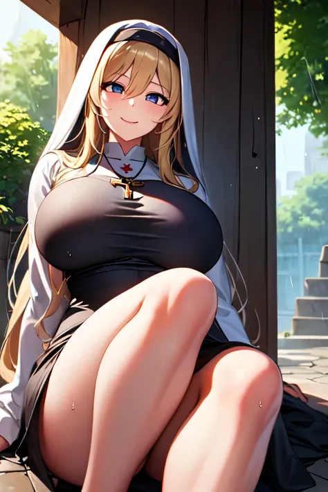 Highest quality, masterpiece, One girl, (alone:1.1), Ray Tracing, Super detailed,Detailed face, 8k 壁paper,Sitting with knees on the ground、Outdoor、rain、Clothes get wet and become transparent、 Wide Hips, smile, Nuns, One girl, Blonde, Big Breasts, Long Hair...