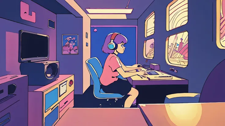 anime character sitting at a computer with headphones on, point-and-click adventure game, lofi artstyle, in the art style of 8 0 s anime, 8 0 s anime vibe, lofi hip hop, lofi art, video game cutscene, video game screenshot>, lofi girl, loish art style, ani...