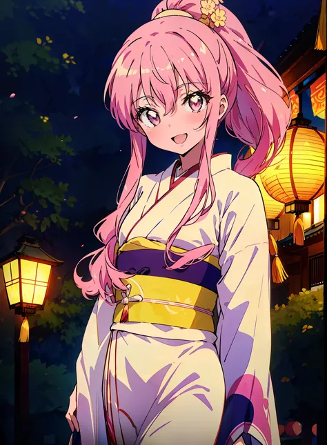 Louise Françoise Le Brun from La V全てiere,Pink Hair,Pink Eyes,Long Hair,ponytail,hair ornaments,happy smile, smile, Open your mouth,White Kimono,Thick sleeves,日本のfestival,夏festivalの屋台,Red Lantern,night,night空のfirework,firework,場所はfirework大会,時間はnightです,sunny...