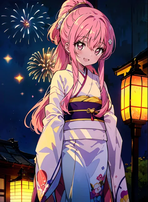 Louise Françoise Le Brun from La V全てiere,Pink Hair,Pink Eyes,Long Hair,ponytail,hair ornaments,happy smile, smile, Open your mouth,White Kimono,Thick sleeves,日本のfestival,夏festivalの屋台,Red Lantern,night,night空のfirework,firework,場所はfirework大会,時間はnightです,sunny...