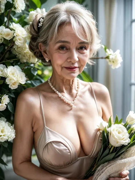 Beautiful elderly woman, cute,sexy,80 years old,,sexy,Wear a pearl necklace, Flowers in her hair, hair bunches, holding a little bunch of white flowers in her hand, posing with flowers, old woman, Ultra big Big saggy soft:1.4, Breasts, Curly Hair, big nipp...