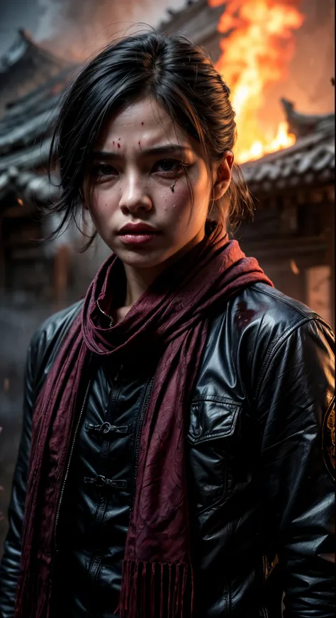 (masterpiece), (hyper realistic),  half body shot, an 18 year old Chinese woman, Crying, sadness, Tears, A maroon scarf around his neck, blood stains on his face and clothes, dinamic lighting, dramatic fire background