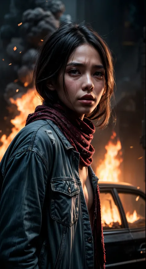 (masterpiece), (hyper realistic),  half body shot, an 18 year old Chinese woman, Crying, sadness, Tears, A maroon scarf around his neck, blood stains on his face and clothes, dinamic lighting, dramatic fire background, full body