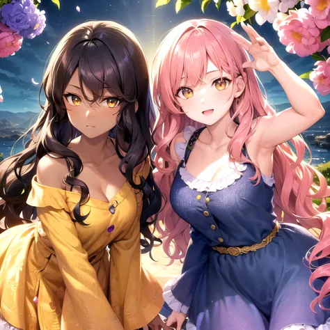 4k, high quality, colorful, super detailed eyes and face, 1female, young adult, 17 years old, (dark skin:1.2), yellow eyes, pink hair, ((wavy hair:1.3)), looking at viewer, chic dress, action pose , looking at viewer, upper body , sky, flowers, 