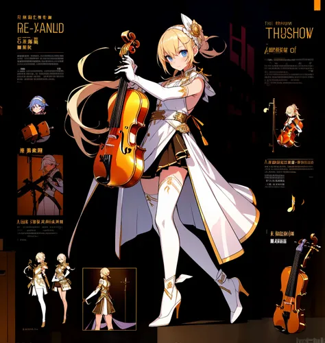 show game characters, a female musician，(1 girl). （gold：0.4，white：0.8）clothing, stylish and unique, ((displaying musical instrum...