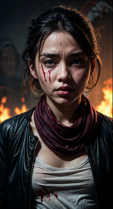 (masterpiece), (hyper realistic),  half body shot, an 18 year old Chinese woman, Crying, sadness, Tears, A maroon scarf around his neck, blood stains on his face and clothes, dinamic lighting, dramatic fire background, full body