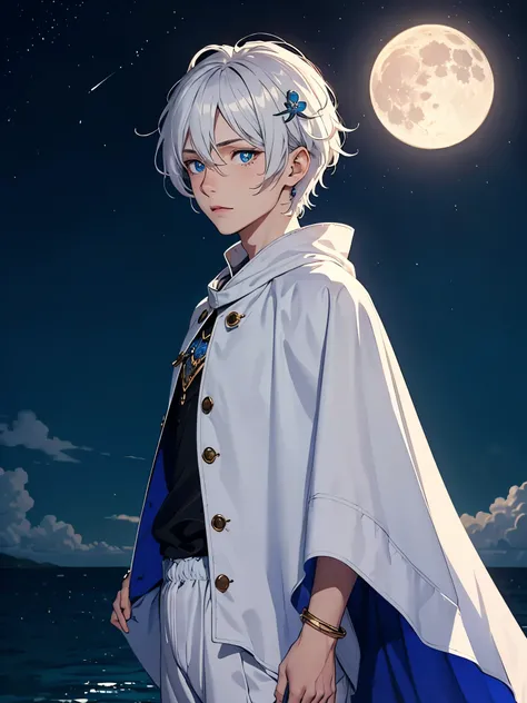 Sehr Lange haare. Mehr anime. aquatic, boy, Goddess of the Moon, silver hair accessories, White hair, White dress, cape, at night, saturated colors, light eyes, bright, light blue light, blue eyes, Jewelry silver, bluish light, Full moon in the background,...