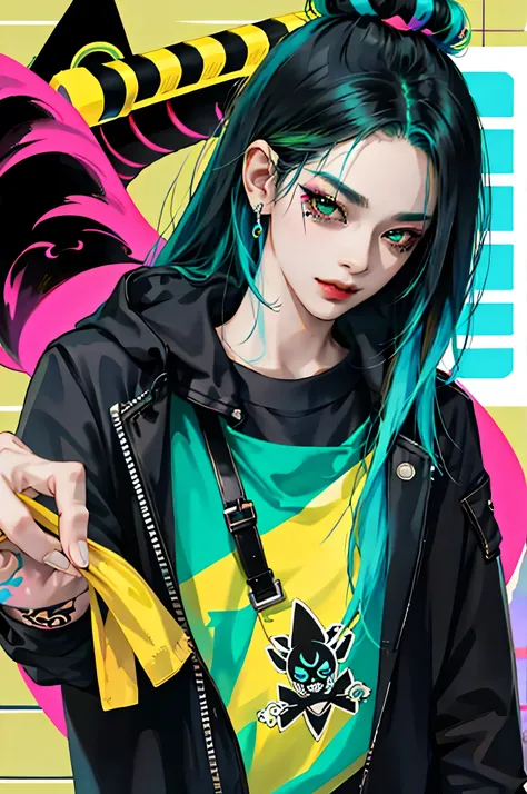 kpop girl with rizz smile face, bad ass, black, neon cyan green hair, tattoos on hands and neck, piercing, black mixed yellow striped sweater, cool badass pose, smoke background, colorful smoke background