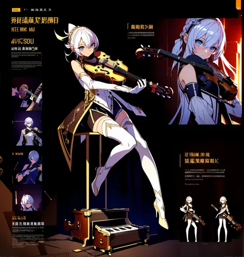 show game characters, a female musician，(1 girl). （gold：0.4，white：0.8）clothing, stylish and unique, ((displaying musical instrum...