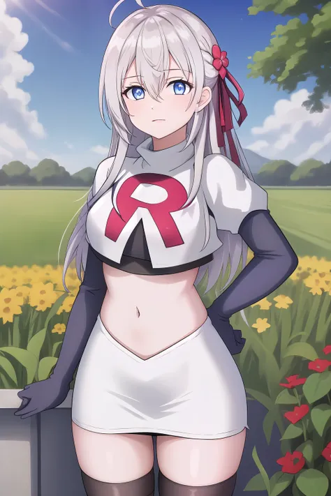 alisa,1girl,solo,long_hair,looking_at_viewer,bangs,blue_eyes,hair_between_eyes,hair_ribbon,ahoge,grey_hair,team rocket,team rock...