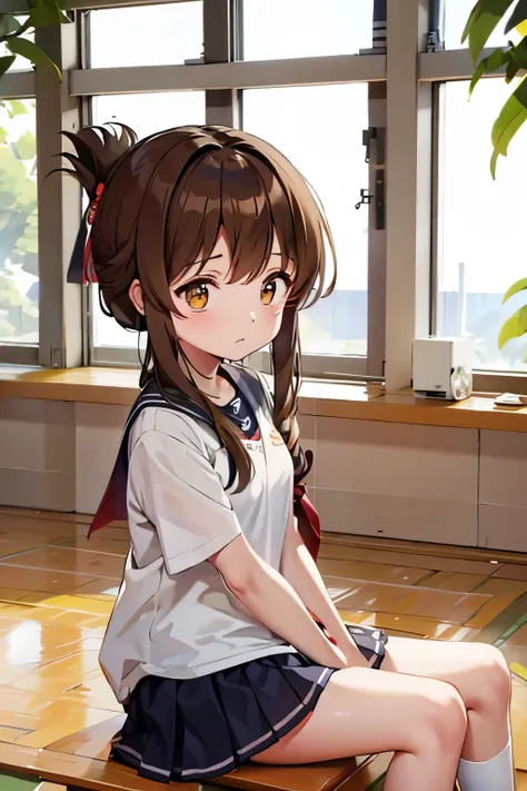 A female student in a sailor uniform sitting on the floor of the gymnasium and watching a physical education class because she feels unwell(masterpiece, best quality:1.2),illustration,8K,HD,1girl,独奏,upper body,(portrait:1.2),brown_hair,folded_ponytail,brow...