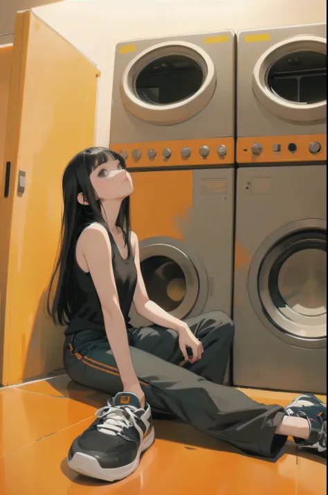 1girl, solo, long hair, looking at viewer, shirt, black hair, sitting, shoes, sleeveless, pants, medium hair, black eyes, black shirt, sleeveless shirt, ground vehicle, yellow pants, orange pants, washing machine