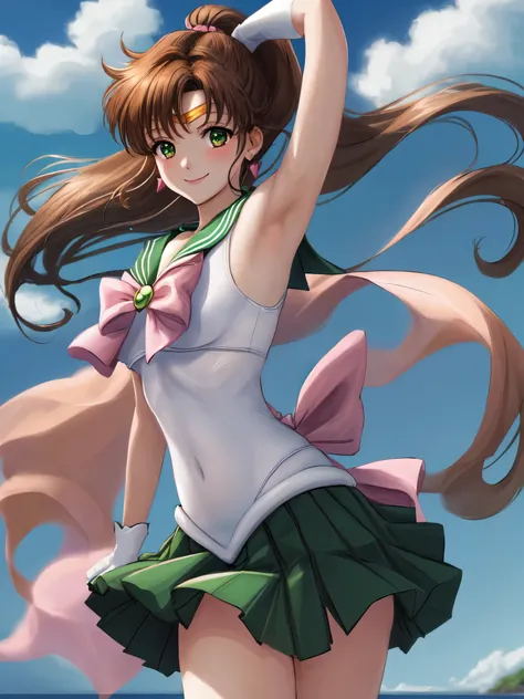 Armpit Show,masterpiece, Highest quality, High resolution, One girl, alone, Sailor Jupiter, (Hair fluttering), (Single Ponytail)), Elbow hand pockets, headgear, Green pleated skirt, Pink ribbon, (Green sailor collar), Brown Hair, White gloves, jewelry, Ear...