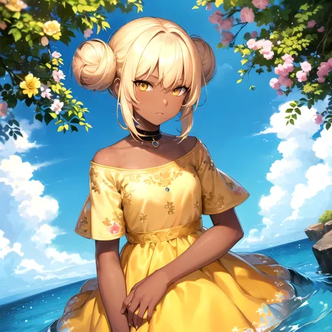 4k, high quality, colorful, super detailed eyes and face, 1female, young, 15 years old, (dark skin:1.2), yellow eyes, (blonde hair), bun hair, short hair, looking at viewer, princess dress, looking at viewer, upper body, sky, flowers, alone,