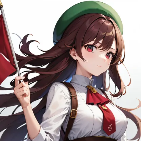 Woman holding a red triangular flag、guide、Clothes: White shirt、Green round hat