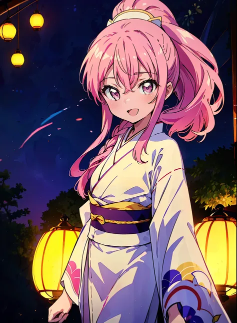 Louise Françoise Le Brun from La V全てiere,Pink Hair,Pink Eyes,Long Hair,ponytail,hair ornaments,happy smile, smile, Open your mouth,White Kimono,Thick sleeves,日本のfestival,夏festivalの屋台,Red Lantern,night,night空のfirework,firework,場所はfirework大会,時間はnightです,sunny...