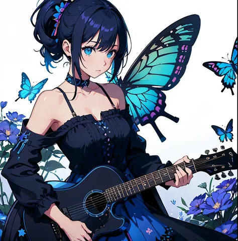 a woman with a guitar in her hand and a background of flowers and butterflies and stars is depicted in this artistic illustration of a woman with a guitar in her hand and a black background of a blue and a blue background,with a,and a,Alice Prin,dark backg...