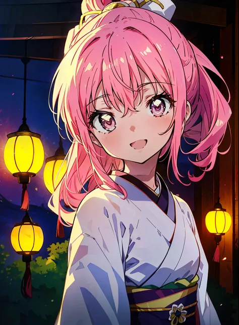 Louise Françoise Le Brun from La V全てiere,Pink Hair,Pink Eyes,Long Hair,ponytail,hair ornaments,happy smile, smile, Open your mouth,White Kimono,Thick sleeves,日本のfestival,夏festivalの屋台,Red Lantern,night,night空のfirework,firework,場所はfirework大会,時間はnightです,sunny...