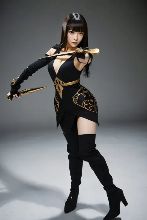 Masterpiece, a high-quality, hyper-realistic photo of a skinny Japanese woman in a dynamic combat pose. She has long, black hair with bangs, styled in a way that flows with her movement. She is wearing a sleek, black dress that allows for flexibility and m...