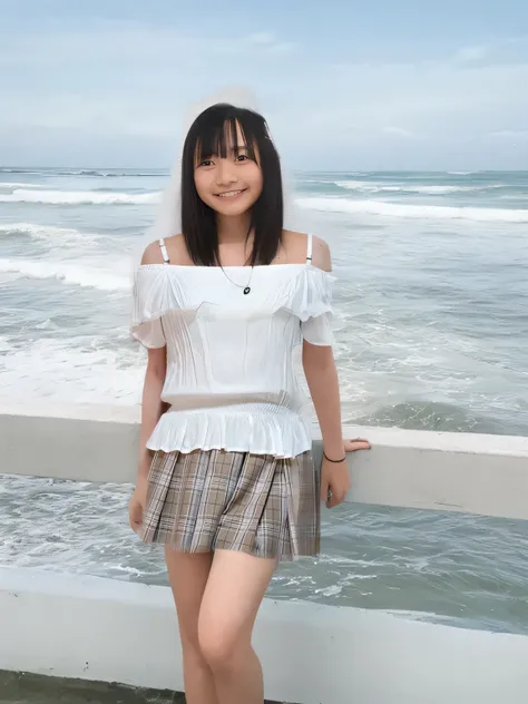 Highest quality,Super detailed,One high school girl,Midsummer beach,blue sea,Blue sky,Illuminated by strong sunlight,White off-the-shoulder top,Posing for a photo,I can see the ocean in the distance,Distant scenery is blurry