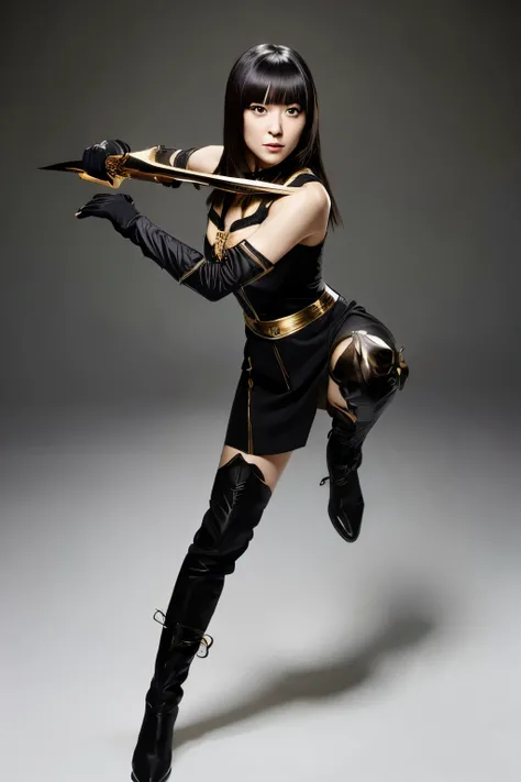 Masterpiece, a high-quality, hyper-realistic photo of a skinny Japanese woman in a dynamic combat pose. She has long, black hair with bangs, styled in a way that flows with her movement. She is wearing a sleek, black dress that allows for flexibility and m...