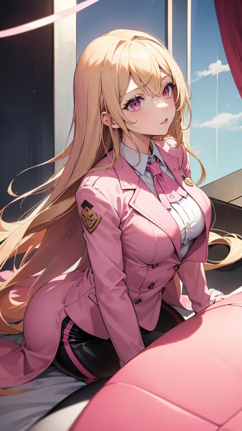 (((Adult woman))), pink eyes, (long blonde hair), pink suit