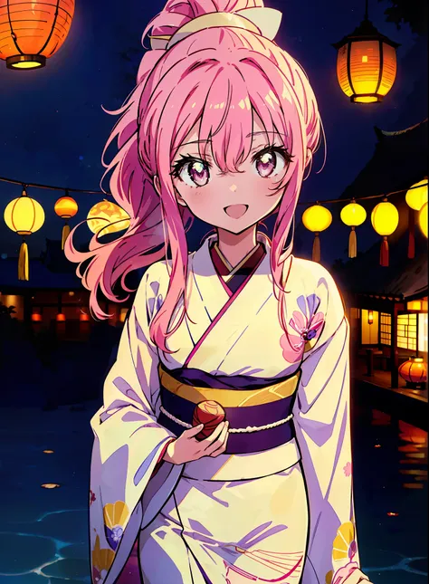 Louise Françoise Le Brun from La V全てiere,Pink Hair,Pink Eyes,Long Hair,ponytail,hair ornaments,happy smile, smile, Open your mouth,White Kimono,Thick sleeves,日本のfestival,夏festivalの屋台,Red Lantern,night,night空のfirework,firework,場所はfirework大会,時間はnightです,sunny...