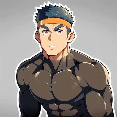 anime characters:Gyee, Muscle Sports Student, Manliness, sports headband, male focus, Cute boy with big eyes, Mike WHite high collar long sleeve tight T-shirt, Slightly transparent material, Very tight, Round, full and perky chest muscles, Slightly transpa...
