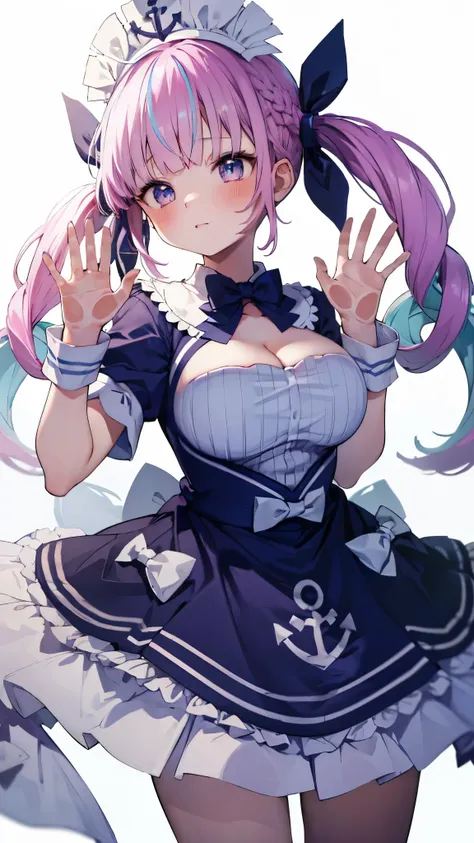 (Ultra-high resolution,masterpiece, Attention to detail, Highest quality), 8K,(aaaqua, twintails, drill hair, maid headdress, cleavage, short sleeves, wrist cuffs),(Blessed,Captivating body、Ultra-detailed skin、Super beautiful eyes、Detailed Background),One ...