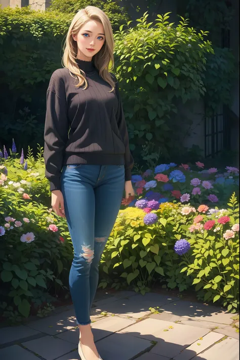1girl, long blonde hair, beautiful detailed eyes, blue eyes, beautiful detailed lips, smile, gray sweater, long black jeans, blue shoes, standing, fullbody shot, flower garden, (best quality,8k,highres,masterpiece:1.2),ultra-detailed,(realistic,photorealis...