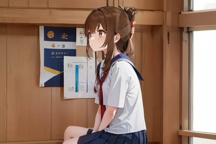 A female student in a sailor uniform sitting on the floor of the gymnasium and watching a physical education class because she feels unwell,(masterpiece, best quality:1.2),illustration,8K,HD,1girl,独奏,upper body,(portrait:1.2),brown_hair,folded_ponytail,bro...