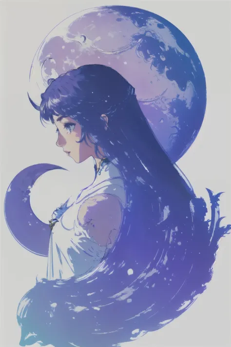 ff logo, White background, simple coloring, Blue and purple gradients, masterpiece, best quality, Intricate details, 1 Girl, Solitary, Crescent Moon,Girl and moon,Amazing women, Delicate, elegant, original, appropriate, - - Side profile, Half Body,