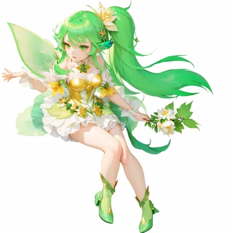 Anime girl with green hair and green wings holding a flower, elf character, Maple Story Character Art, Official Art, elf Girl wearing an flower suit, lady powder, Smile like a Fairy, Official Artwor末, elf, Official Character Art, Fairy, Fairyrie, elf Girl,...