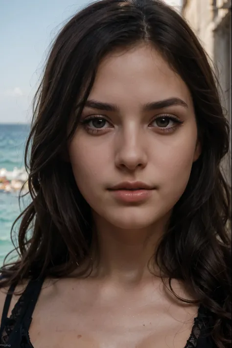 1 girl, Italian, realistic, 20 years, Darling, mysterious portrait, dark hair, expressive brown eyes, Long eyelashes, plump lips masterpiece, top quality, super detail, detailed light, detailed shadows, RAW, (Detailed skin), (real: 1.2), Sea, black dress