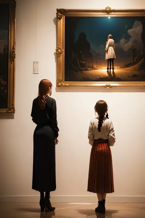 2 girls were standing next to each other and both were looking at a large painting