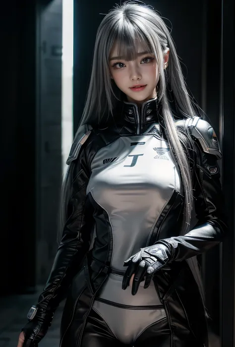 Cyber Angel,{{sfアーマー}},Cyber Suit,cyber punk,sf,Cyber Battle Armor,Battle Dress,uniform,pants,黒いuniform,whole body,height: 168cm,almond shape eyes,{{{{{Silver Eyes}}}}},{{{{{Blunt bangs}}}}},(Slanted Eyes},{{whole body},{{{1 Girl}}}, Long Hair, Straight ha...