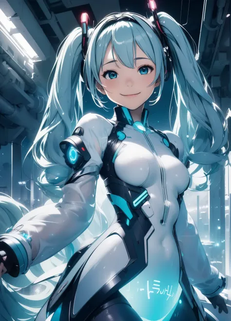 (masterpiece、Highest quality、Highest quality、Official Art、Beautiful and beautiful:1.2)、(One girl:1.3)Hatsune Miku、Twin tails,Beautiful breasts,(masterpiece), (sf:1.4), One girl, She turned away, smile, Silver Hair, Aqua Eye, headgear, Long sleeve, Removabl...