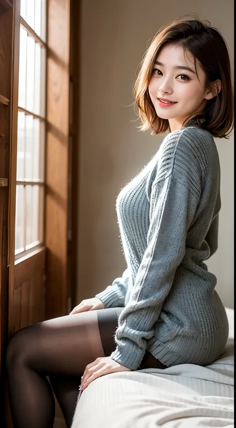 A genuine 19-year-old popular innocent movie actress from the upper class、Wearing a knitted dress、Sit in a comfortable room、 (超Realistic pantyhose:1.3)、Thighs Thighs Thighs Thighs、Height: 165cm, Japanese Model, Short Layered Hair、Japanese girl, Neat and cl...