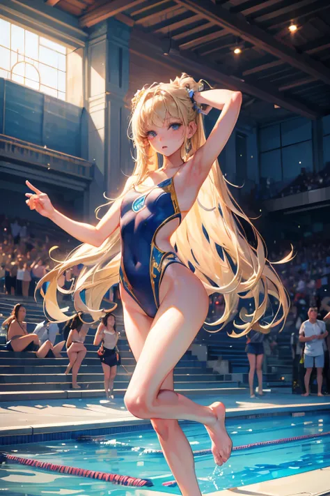 masterpiece,Highest quality,Very detailed,Dancing Beautiful Girl,Swimsuit,Competition Pool,Large crowd, teenager,Long straight blonde hair,Beautiful and detailed eyes,skinny,Small breasts, full body,Dynamic