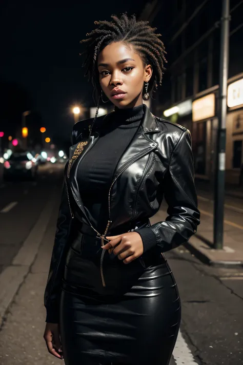 Digital portrait of a BLACK WOMAN with imposing posture dressed in formal "streetwear", "gangster", "rapping", "Urban", "underground" without showing your hands