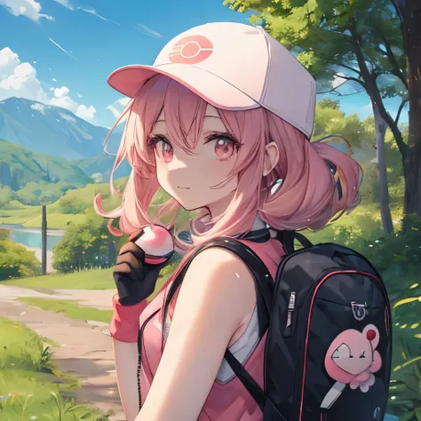 An anime-style illustration of ‘Fua-chan’ cosplaying as a Pokémon Trainer. Fua-chan has distinctive features: long pink hair styled in soft curls resembling sheep’s horns, and pink eyes. She is depicted wearing a classic Pokémon Trainer outfit, which inclu...